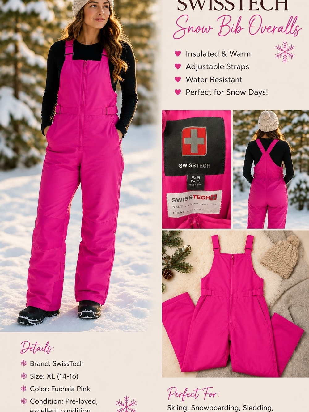 Swiss Tech Fuchsia Pink Insulated Snow Bib Overalls - Women's
